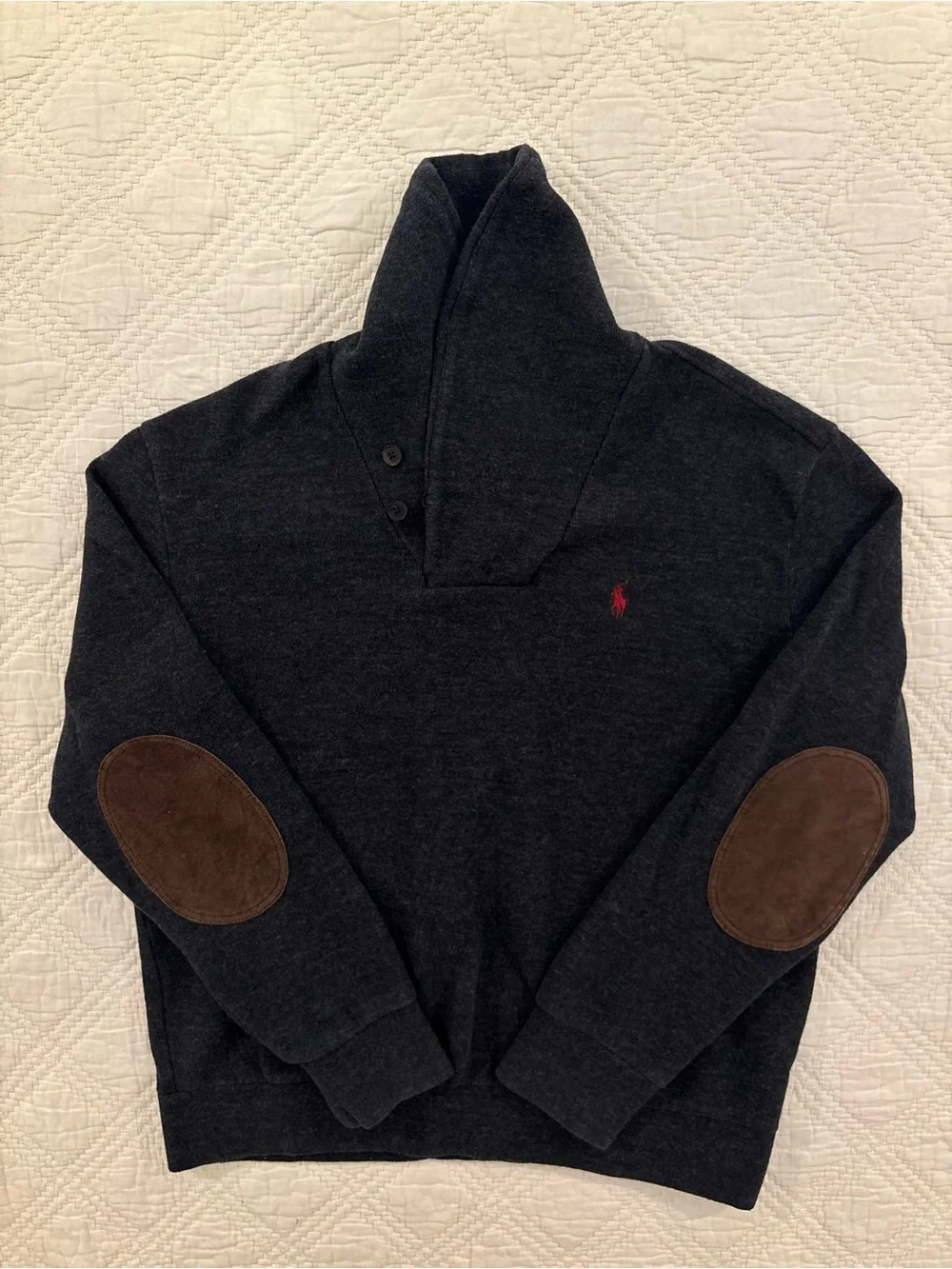 Polo Ralph Lauren Shawl Collar Sweater Mens L Elbow Patches Knit Black Heather